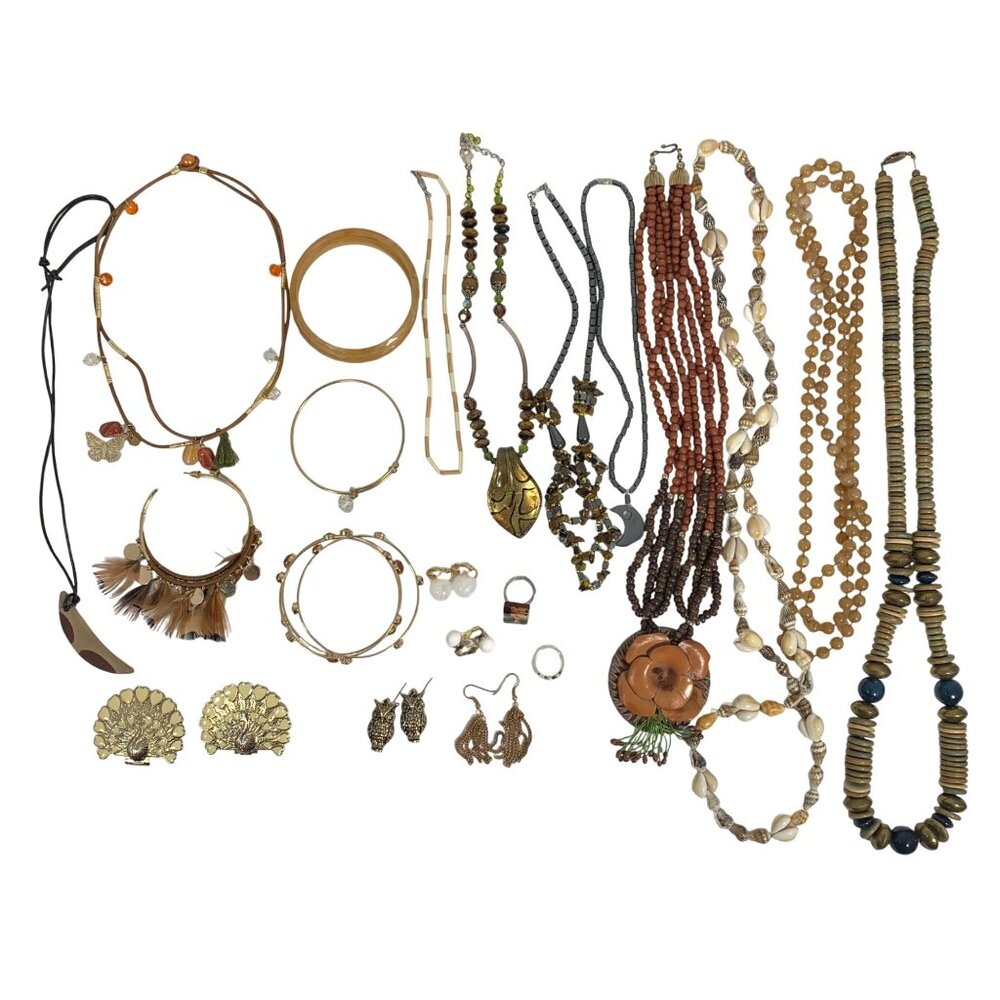 Earthy Boho Jewelry Lot Featuring 24 Pieces Necklaces Bracelets & Earrings